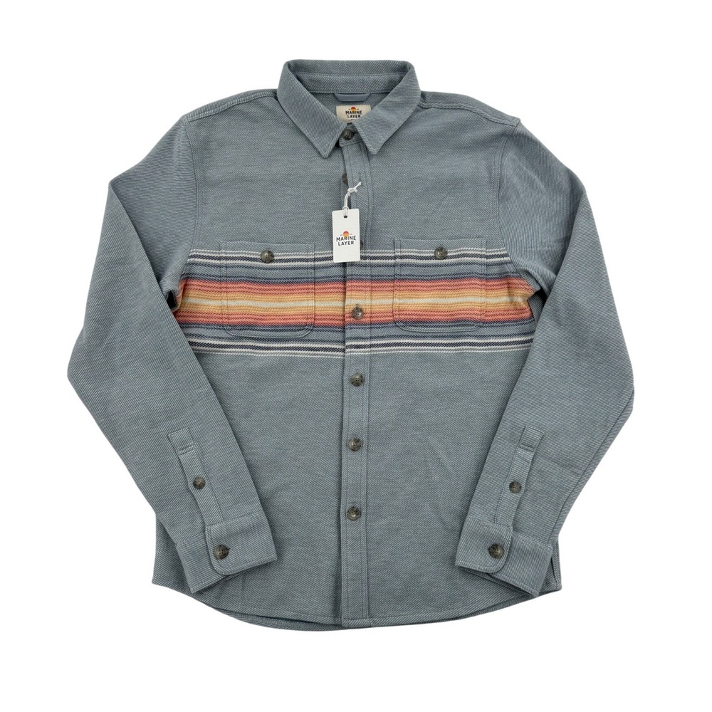 Marine Layer Pacifica Twill Shirt Mens Medium Blue NWT Multi Stripe Button Down
